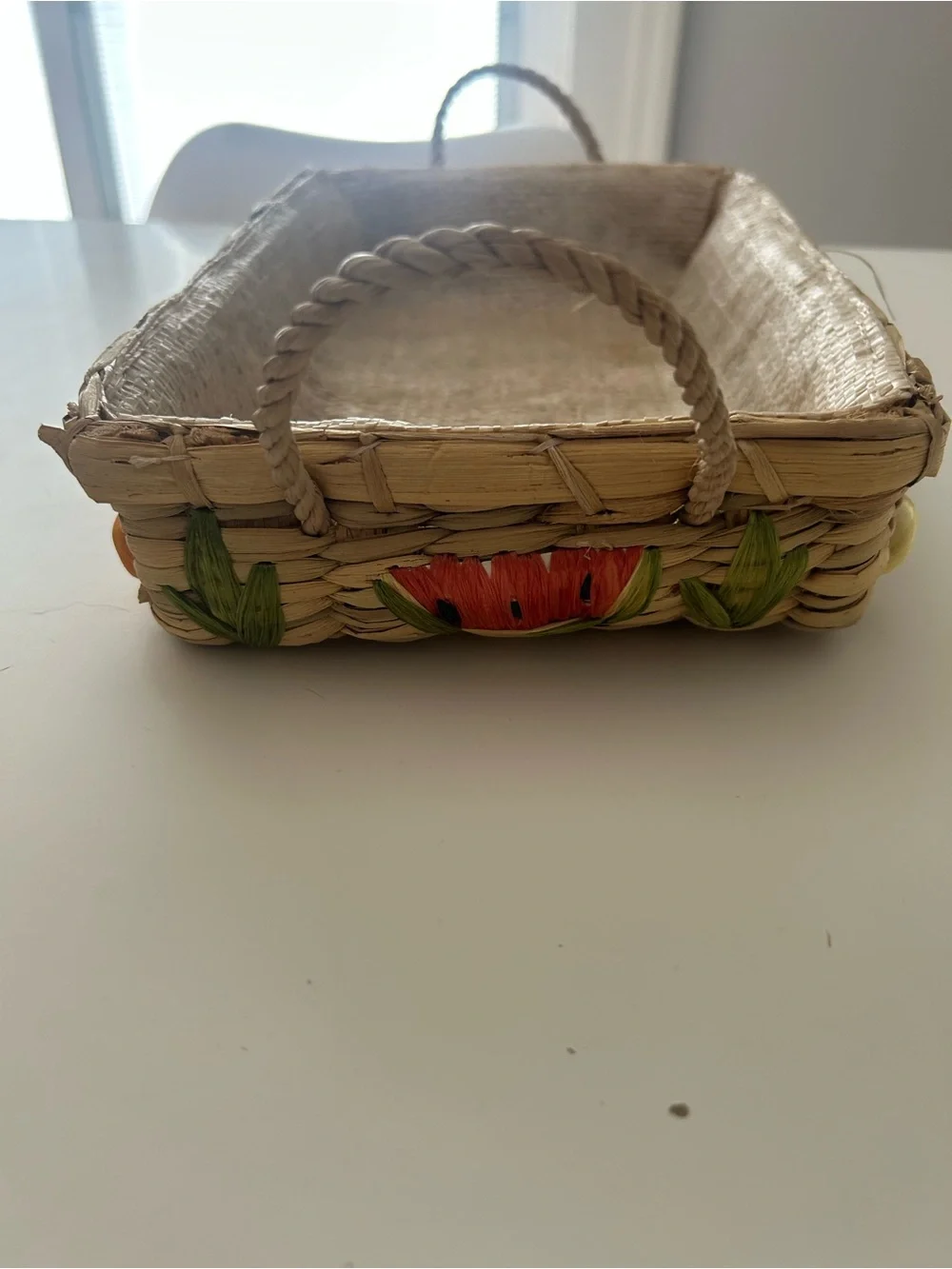 Vintage hand Woven Fruit Accent Serving Tray casserole carrier in Natural Beige